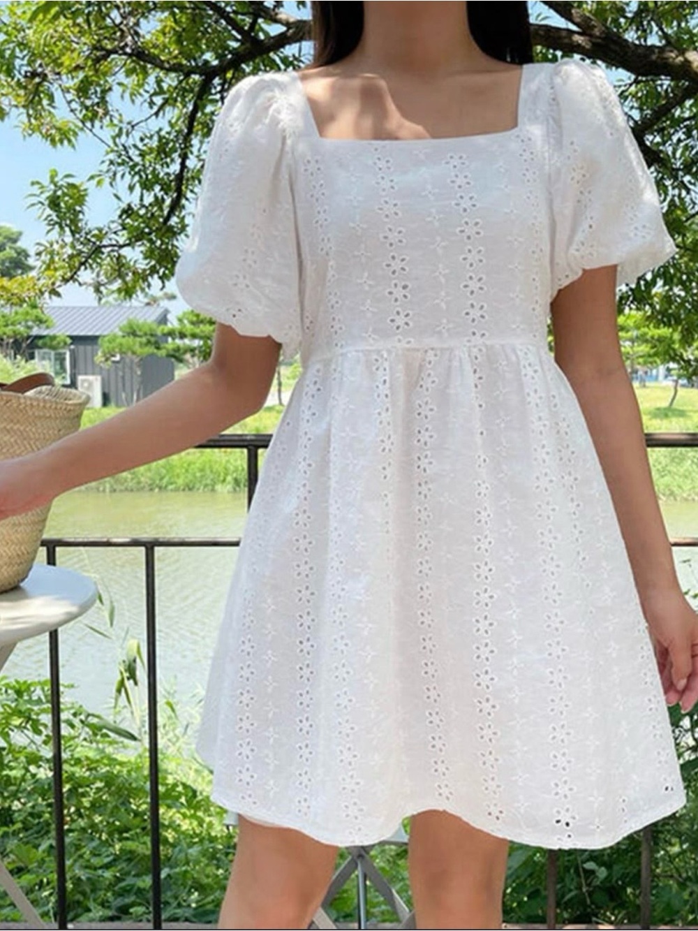 White Eyelet Square-Neck Puff-Sleeve Mini Dress